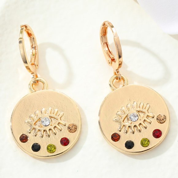 Jewelry - DESIGNER EVIL EYE GOLD/MULTI-COLOR & CLEAR CRYSTAL ROUND DISC HOOP EARRINGS~NEW!